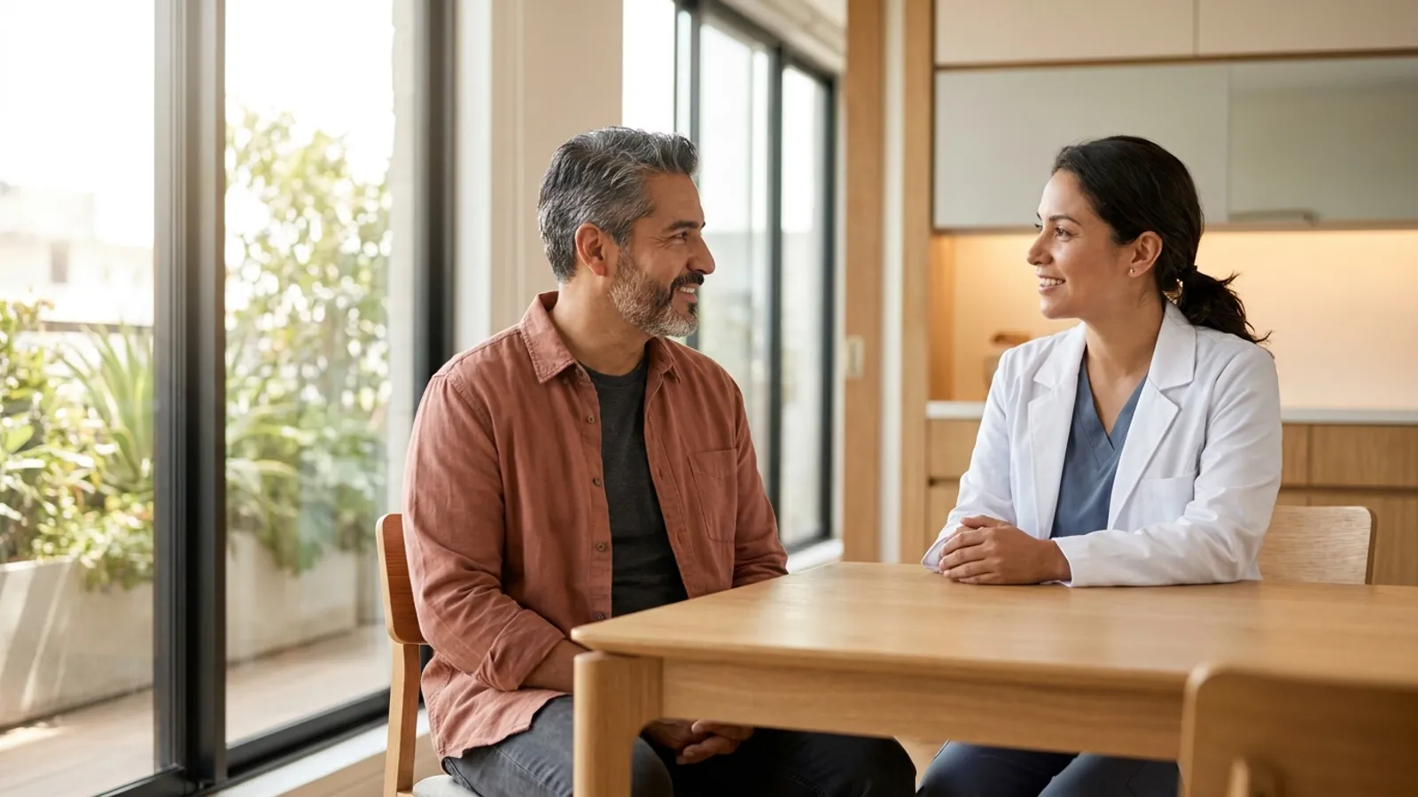 A middle-aged man in a modern consultation room calmly discussing heart valve repair and replacement options with a female cardiac surgeon.