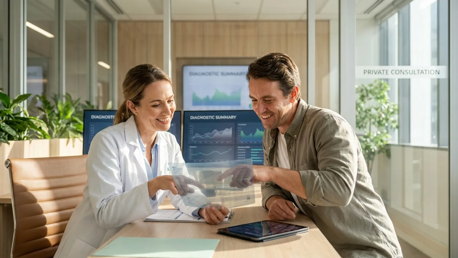 A friendly healthcare specialist explaining accurate diagnostic laboratory test results to a patient in a modern hospital consultation room.
