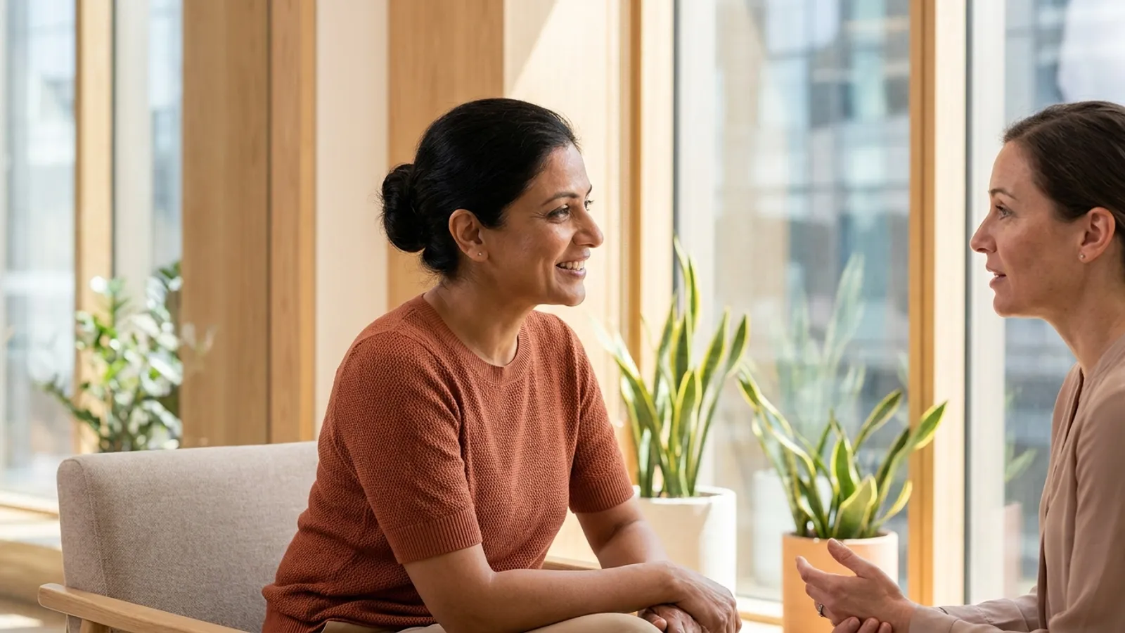 A woman consulting attentively with a medical specialist in a bright, modern consultation room.