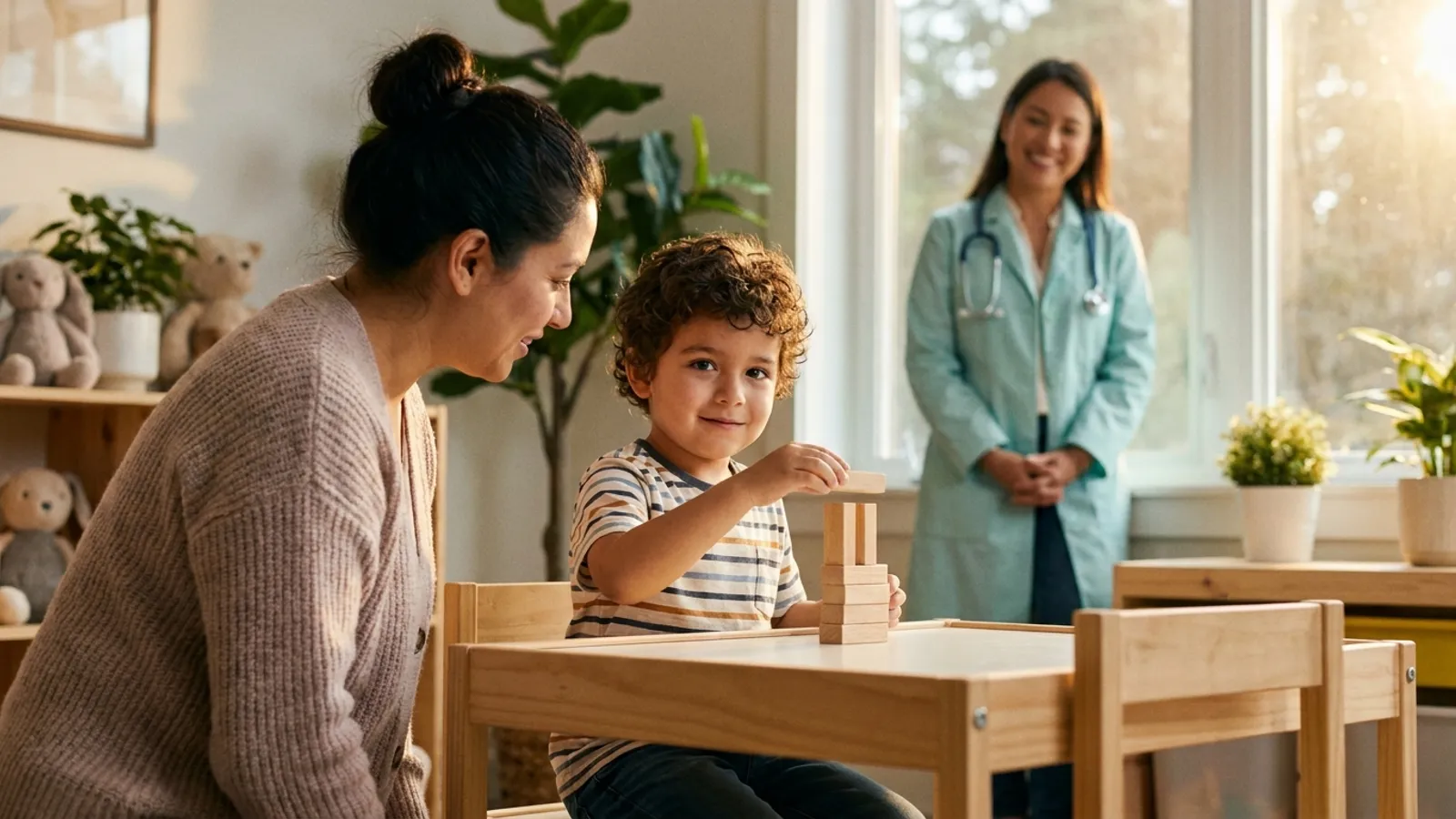 A young boy and his mother during a hopeful consultation with a pediatrician in a warm, modern clinic room.