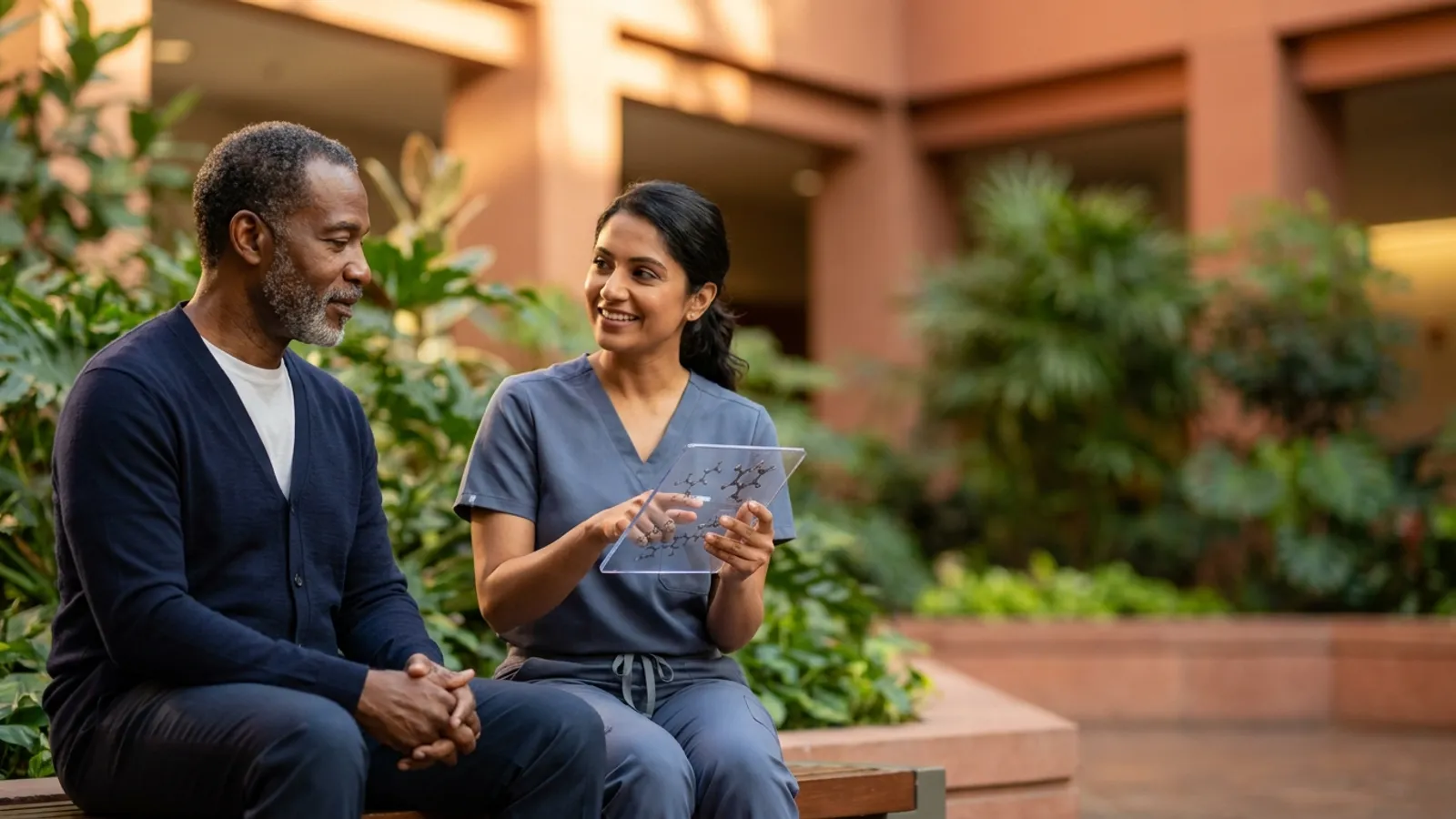 A confident senior male patient and an oncologist reviewing personalized molecular profiling results together in a sunlit hospital atrium.