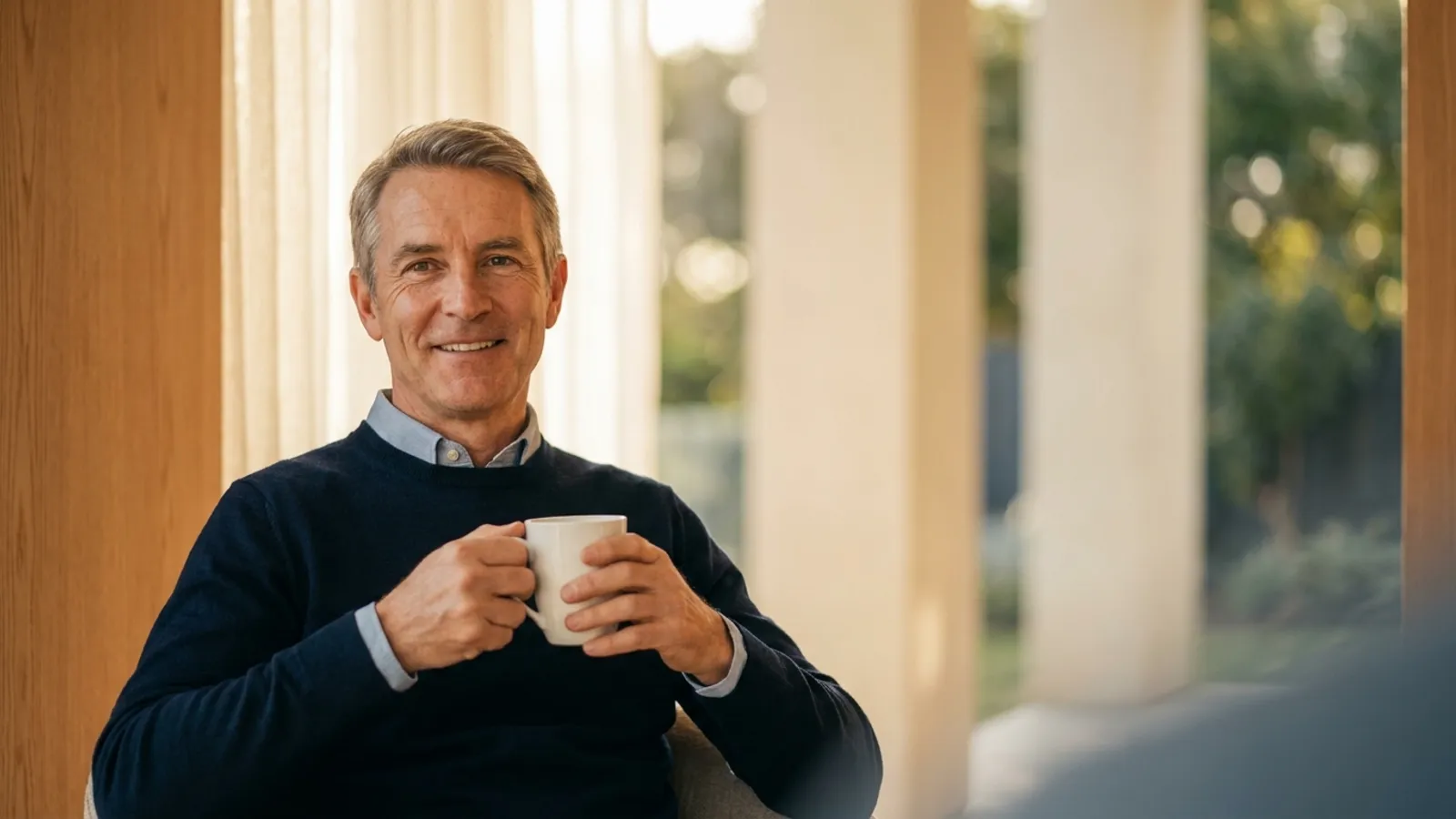Homme d'âge mûr souriant avec sérénité et tenant une tasse de façon stable, illustrant les bienfaits de la stimulation cérébrale profonde.