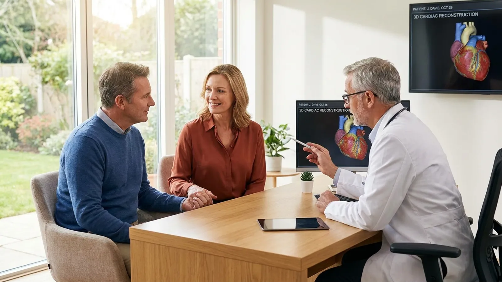 A senior cardiologist calmly explaining heart treatment options on a digital monitor to a patient and his partner in a modern clinic.