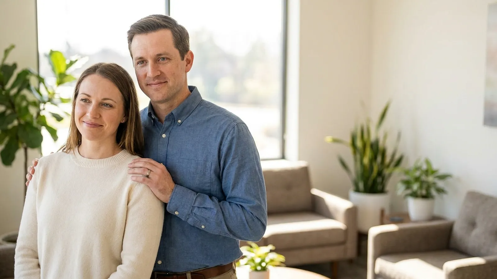 A hopeful couple smiling warmly by a sunlit window in a modern clinic, showcasing a moment of quiet confidence during their fertility treatment journey.