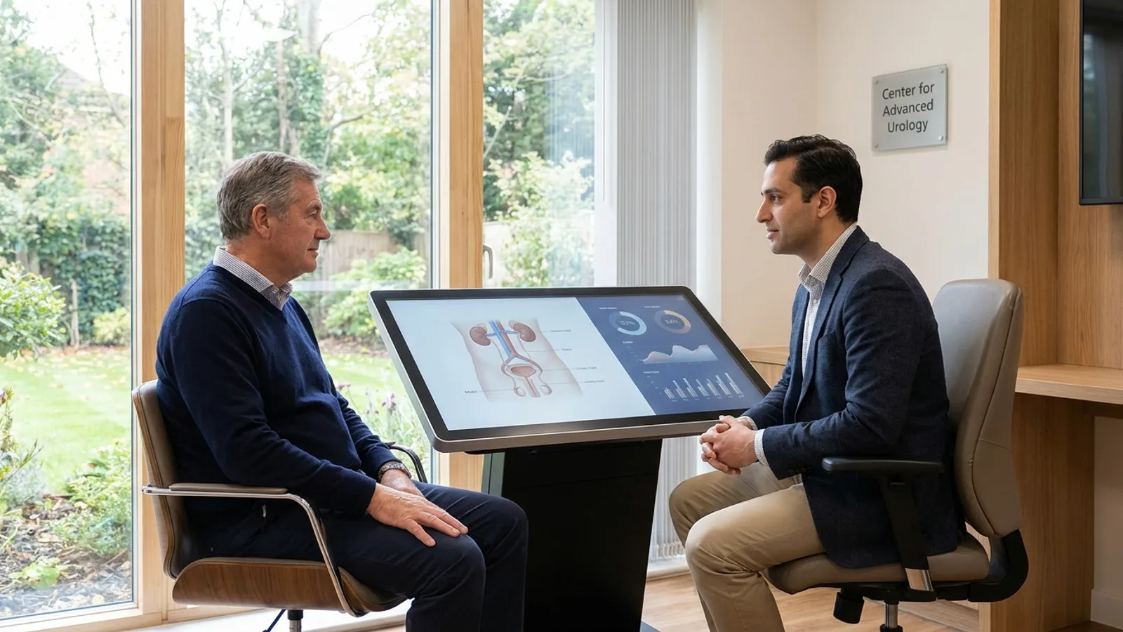 A patient reviewing advanced robotic surgery treatment options with a specialist doctor in a modern private hospital suite.
