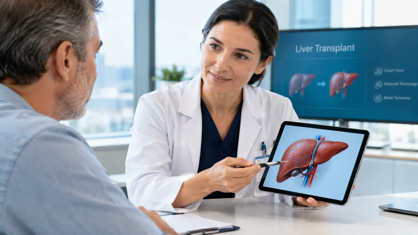 Doctor showing a liver illustration on a tablet to a male patient