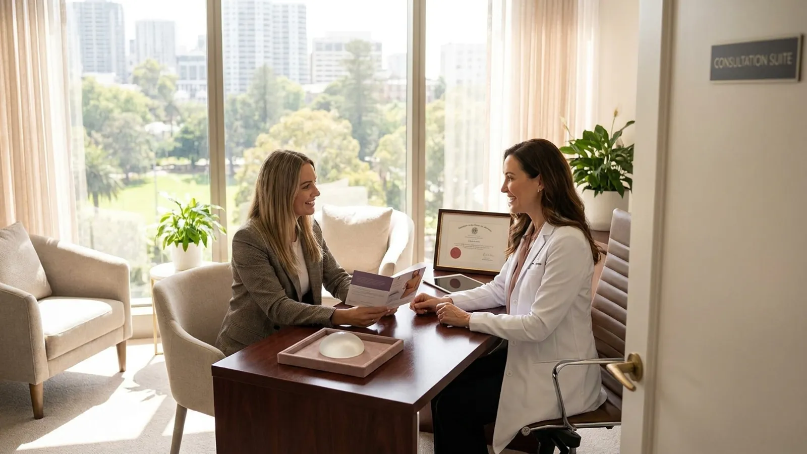 A caring female plastic surgeon consulting with a smiling patient about breast augmentation options in a modern clinic.
