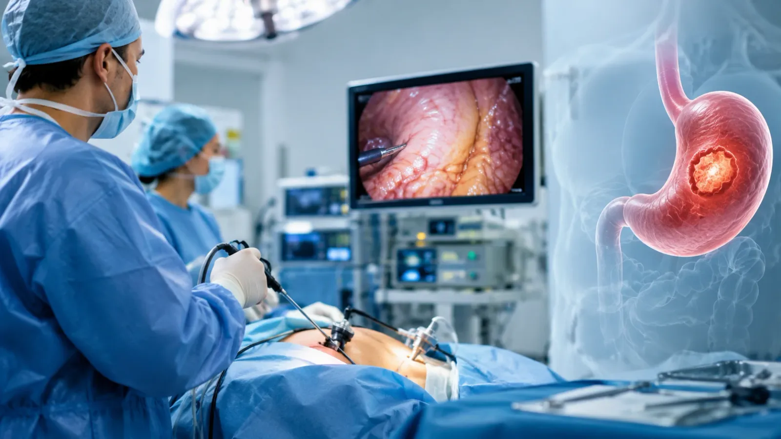 Laparoscopic surgery team with a stomach illustration showing a tumor