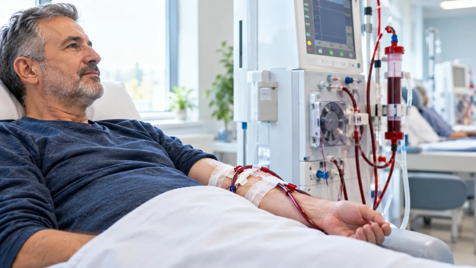 Middle-aged man resting during hemodialysis treatment