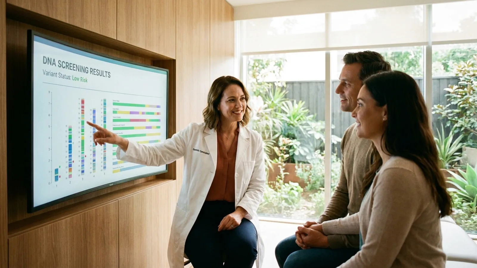 A genetic specialist reviews hereditary disease screening results on a digital screen with an attentive couple in a modern medical consultation room.