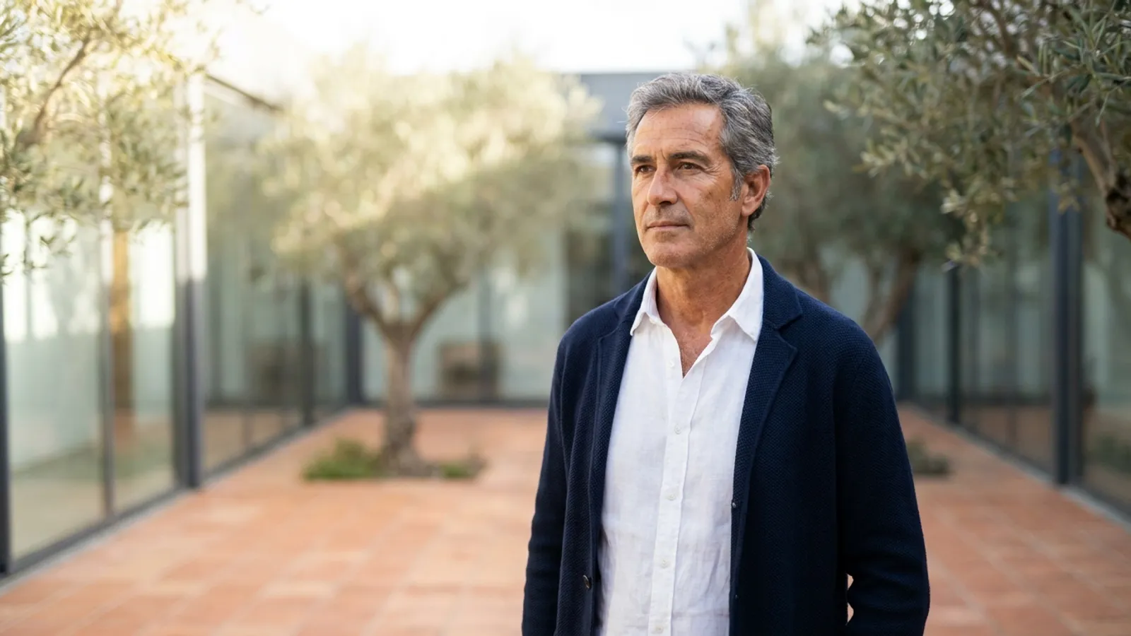 Hombre de mediana edad reflexivo y tranquilo en un patio luminoso con vegetación mediterránea, transmitiendo confianza y serenidad médica.