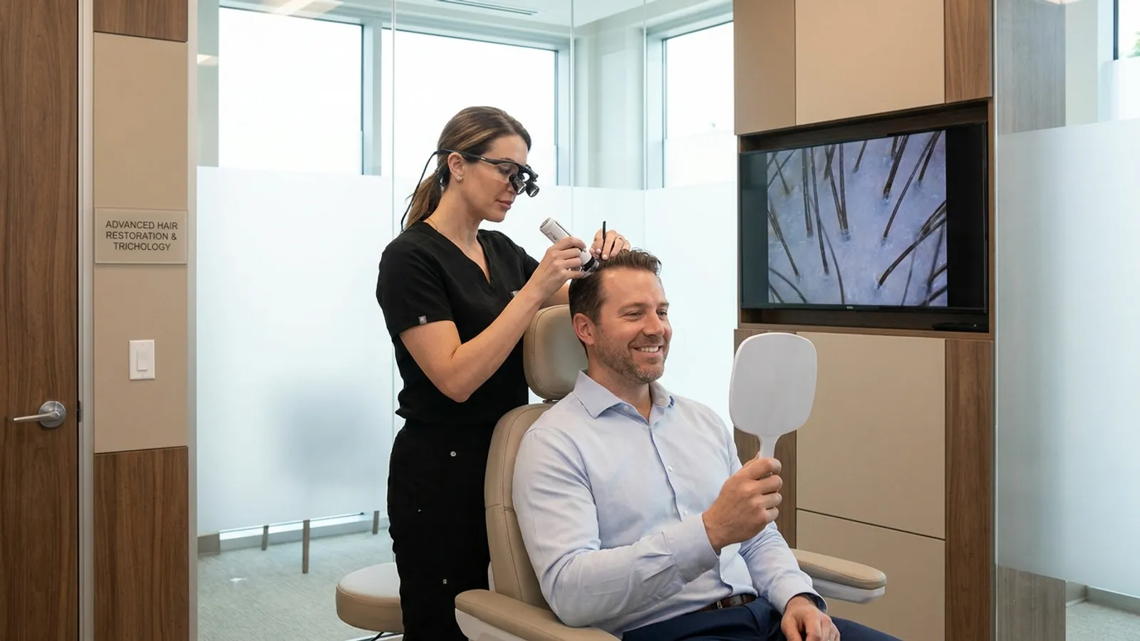 A hair restoration specialist performing a careful hairline consultation for an optimistic patient in a modern medical clinic.