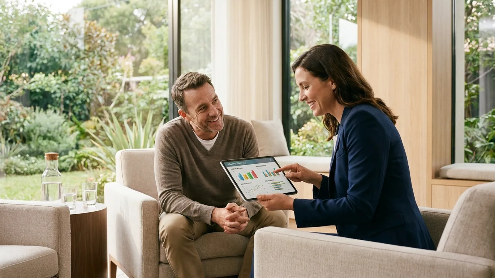 A smiling patient and doctor reviewing comprehensive health check-up results on a tablet in a bright, modern clinic lounge.