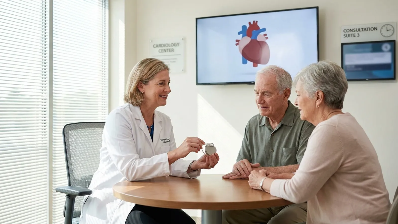 Erfahrener Kardiologe erklärt einem Patienten und seiner Angehörigen die Funktion eines modernen Herzschrittmachers in einer hellen Klinik.