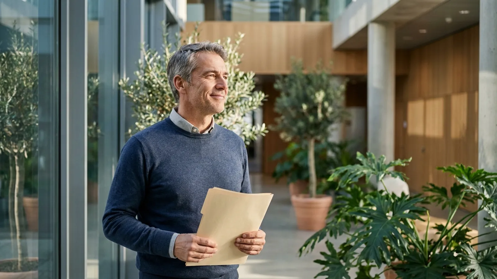 Ein zuversichtlicher Mann mittleren Alters in einem hellen, modernen Klinikfoyer nach einer molekularen Tumorprofiling-Beratung für die Immuntherapie.