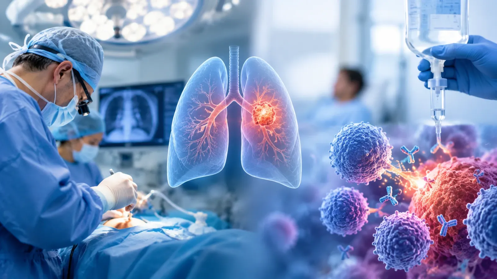 Lung surgery, lung illustration with a tumor and immune cells attacking a cancer cell