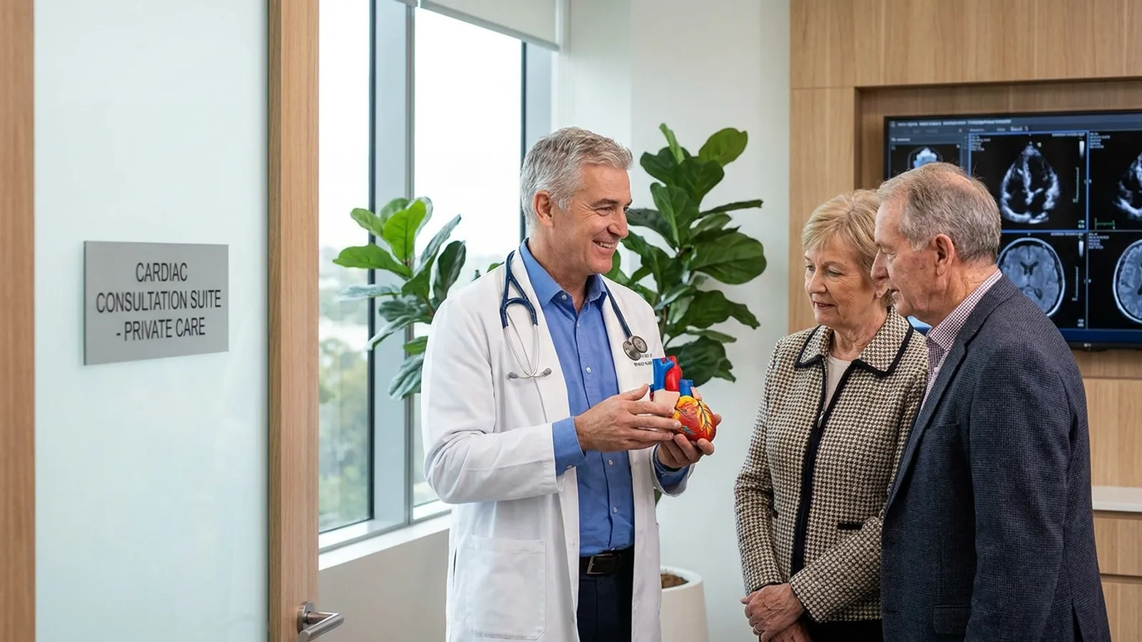 Ein erfahrener Herzchirurg erklärt einem Patienten und seiner Begleitung anhand eines Herzmodells die Möglichkeiten der Herzklappenoperation in einer modernen Klinik.