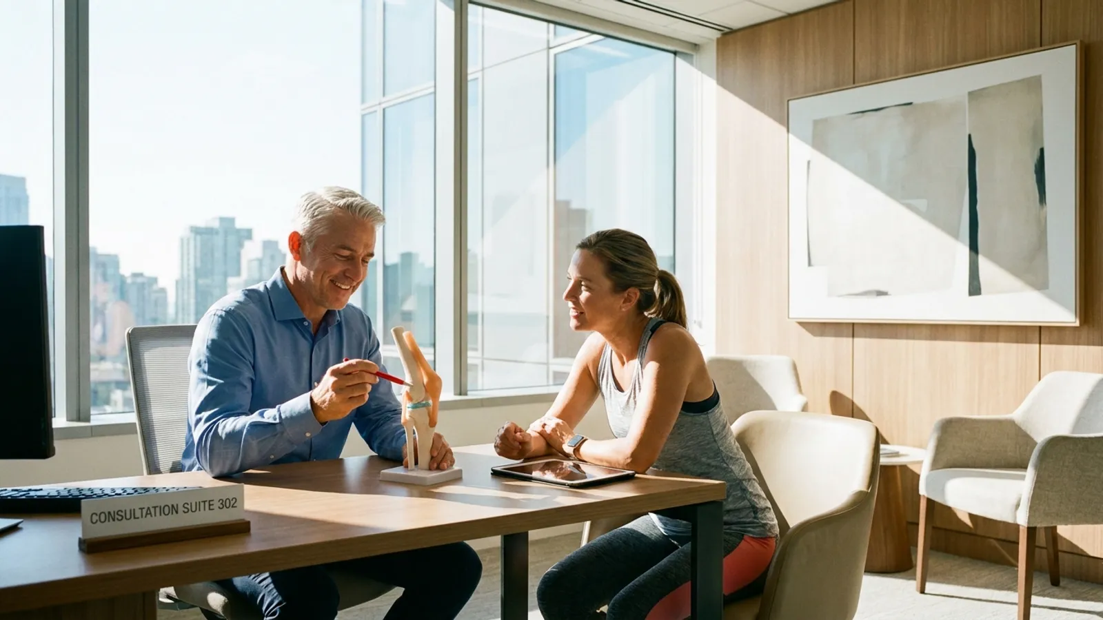 An orthopedic surgeon using an anatomical knee model to explain arthroscopic meniscus surgery options to a patient in a modern, bright consultation room.