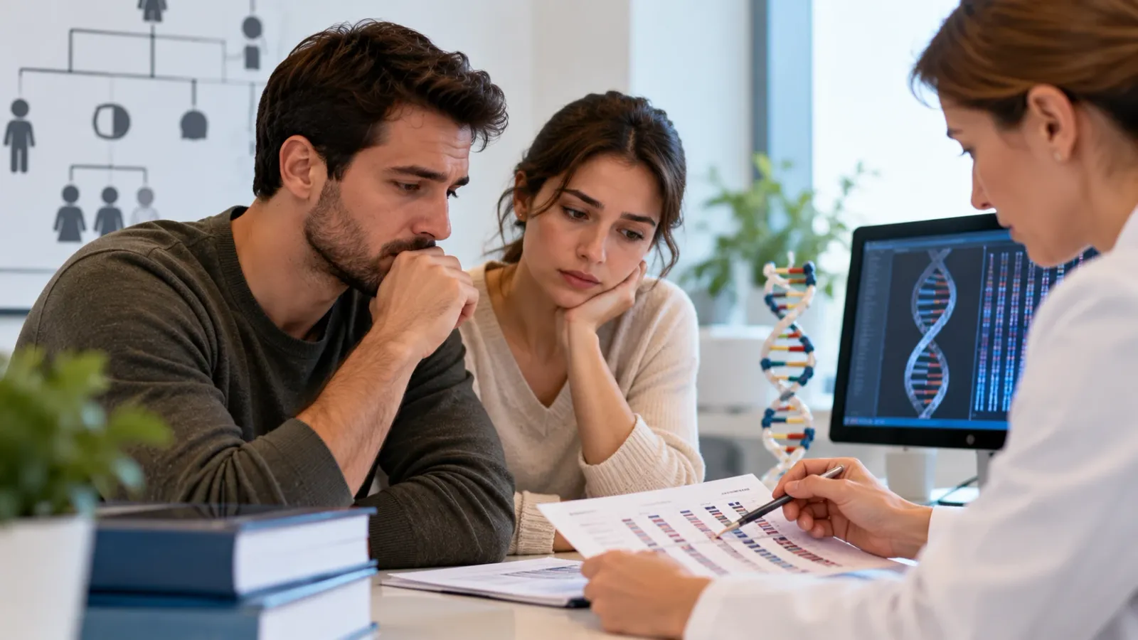 Couple listening to a doctor explaining genetic test results, with a family pedigree chart and DNA model in the background