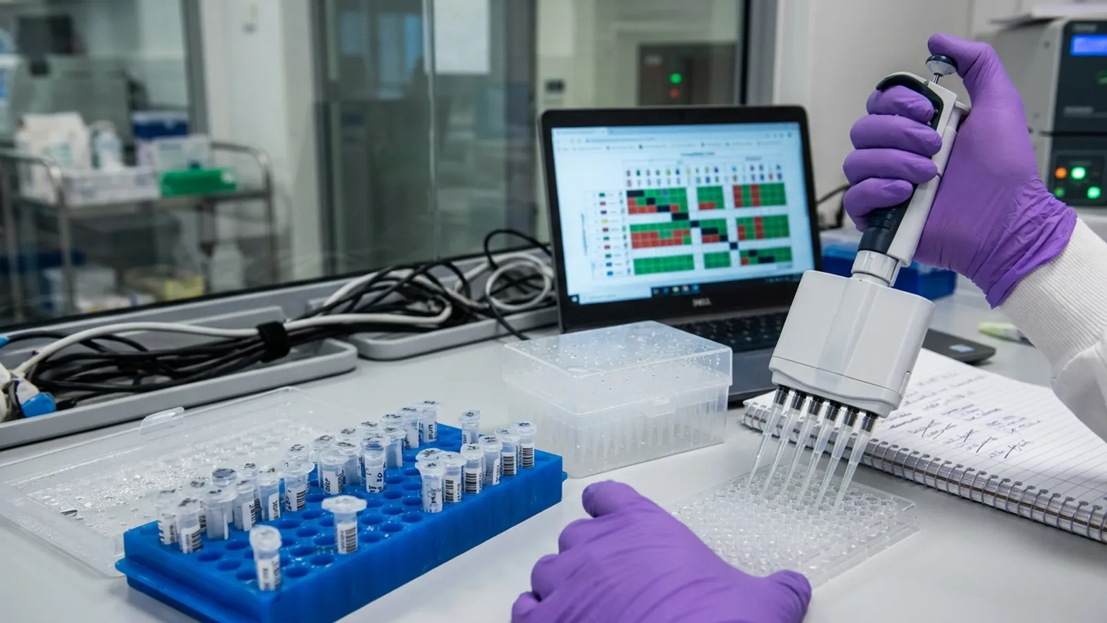 Laborarbeitsplatz zur HLA-Gewebeverträglichkeitsprüfung mit Mehrkanalpipette, 96-Well-Platte, Barcode-Probenröhrchen und Spender-Empfänger-Zuordnungsmatrix auf einem Laptop.
