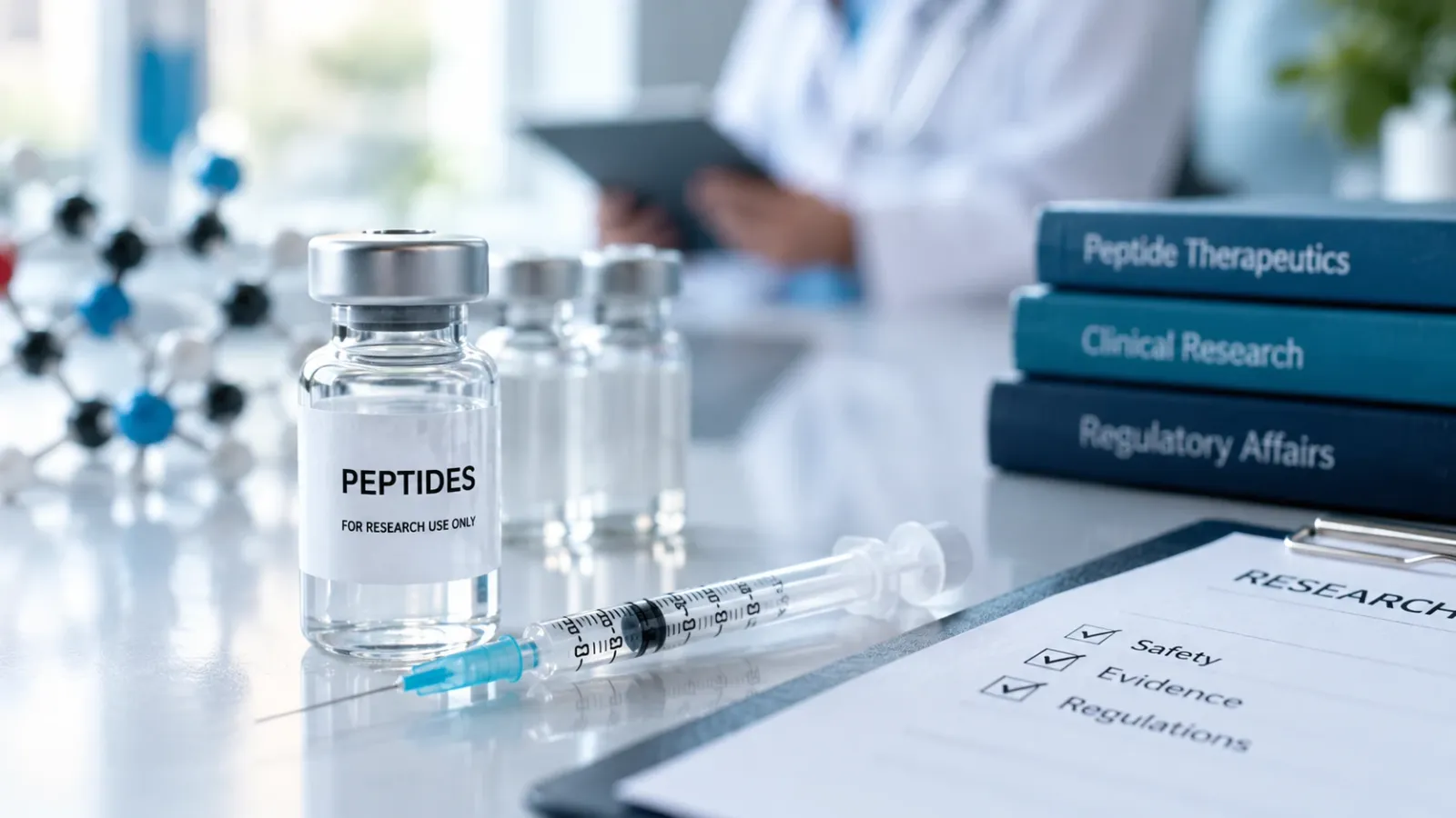 Vial labeled Peptides For Research Use Only next to a syringe and a research checklist