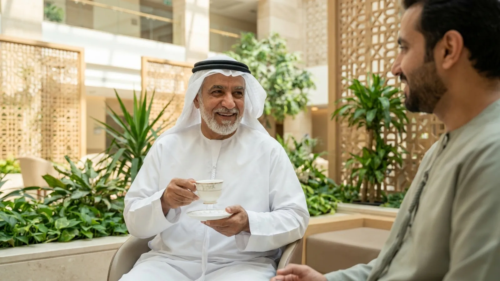 رجل مسن في صحة جيدة يجلس مع ابنه بعد التعافي الناجح بفضل عملية استبدال الصمام الأبهري عبر القسطرة (تافي)
