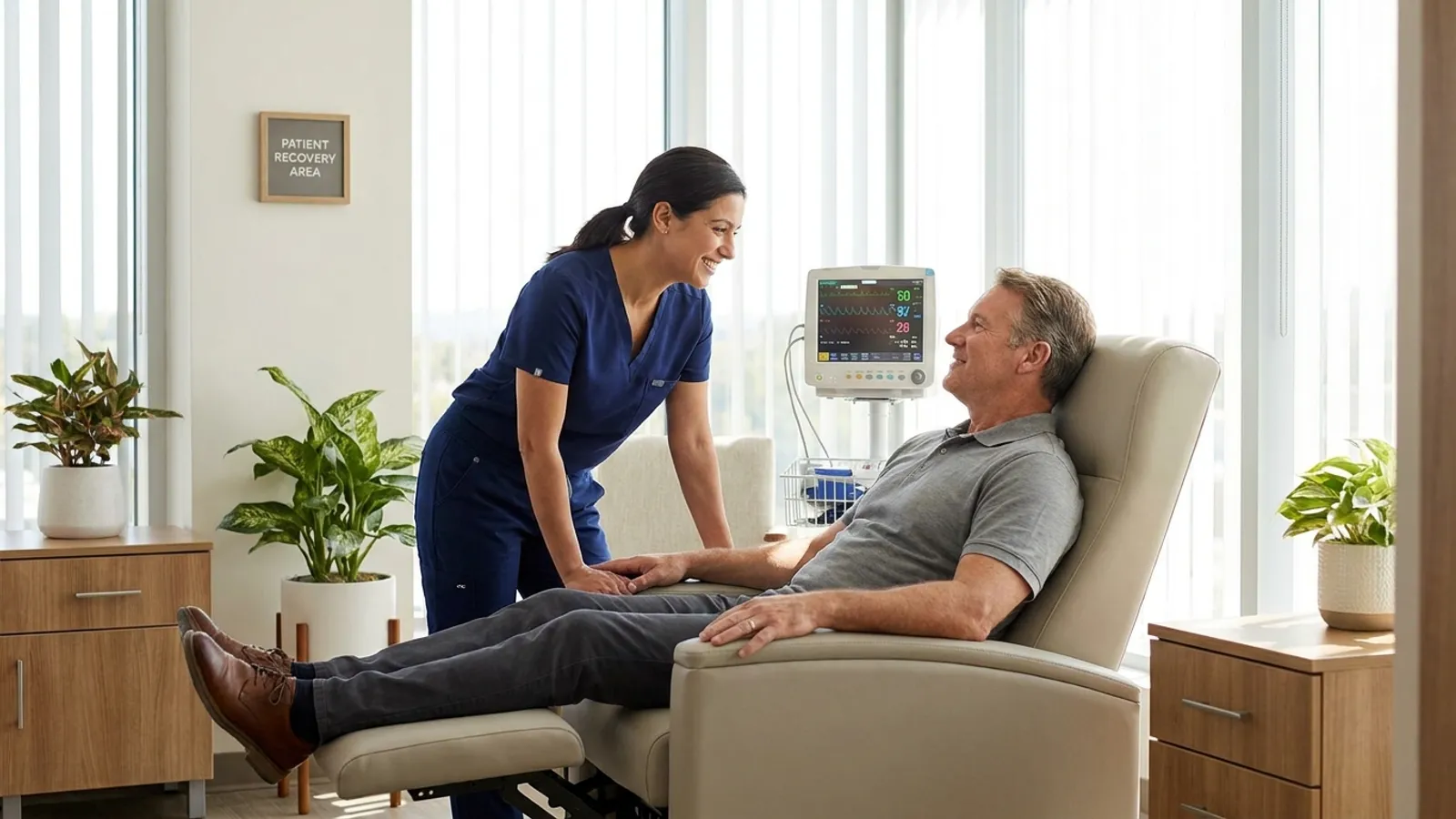 A friendly gastroenterologist warmly discussing clear screening results with a smiling middle-aged patient in a modern hospital recovery suite.