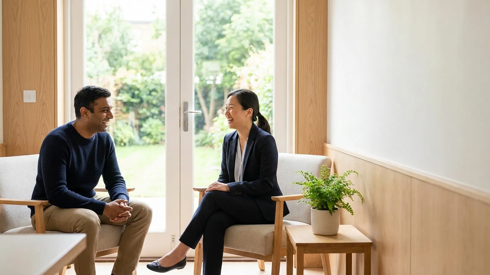 A relaxed British South Asian man in his early 30s smiles warmly during a consultation with a female surgeon in a bright, modern clinic room overlooking a green garden.