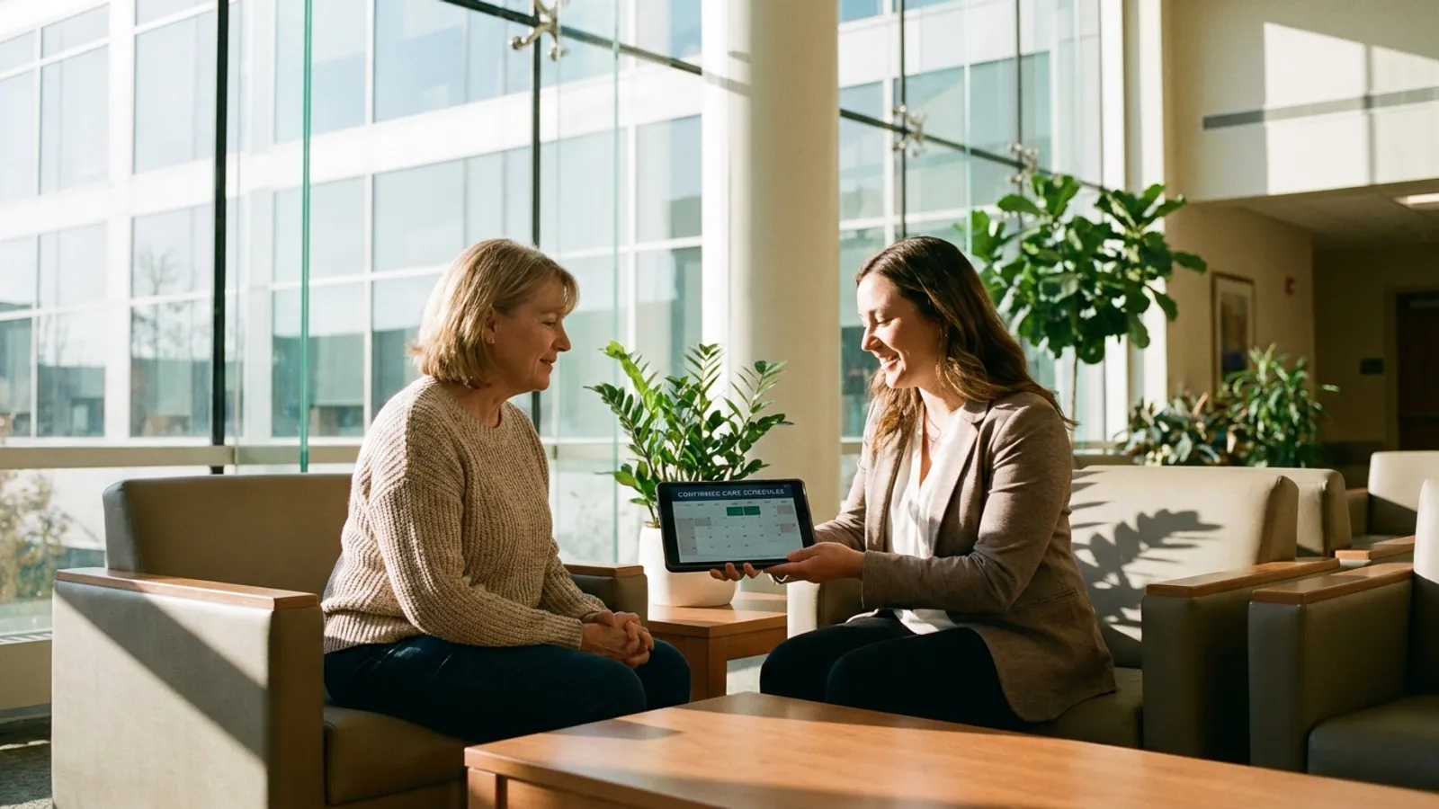 A friendly patient coordinator shows confirmed treatment dates on a tablet to a smiling patient in a bright, modern hospital lounge.