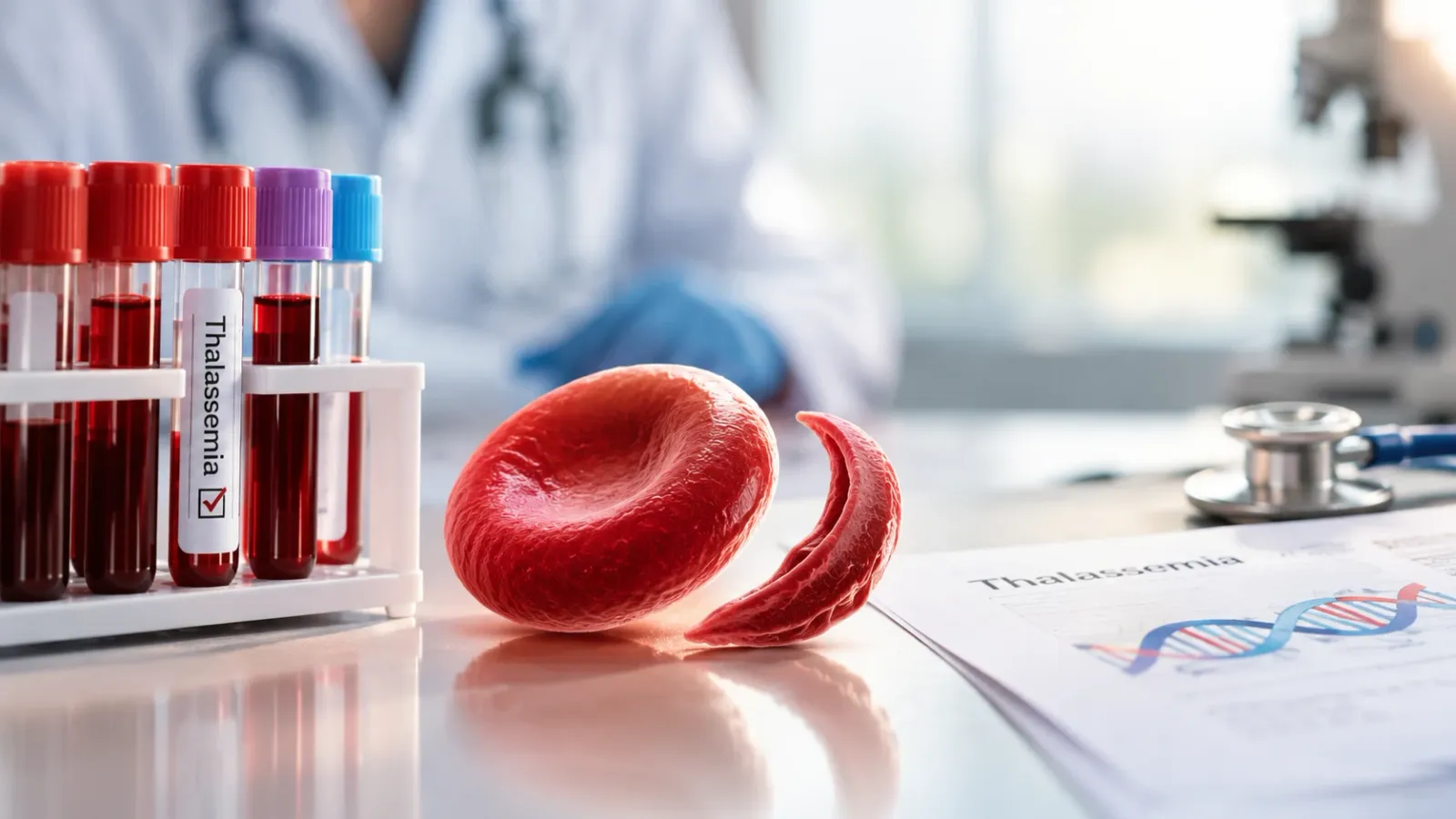 Blood sample tubes labeled Thalassemia next to red blood cell models