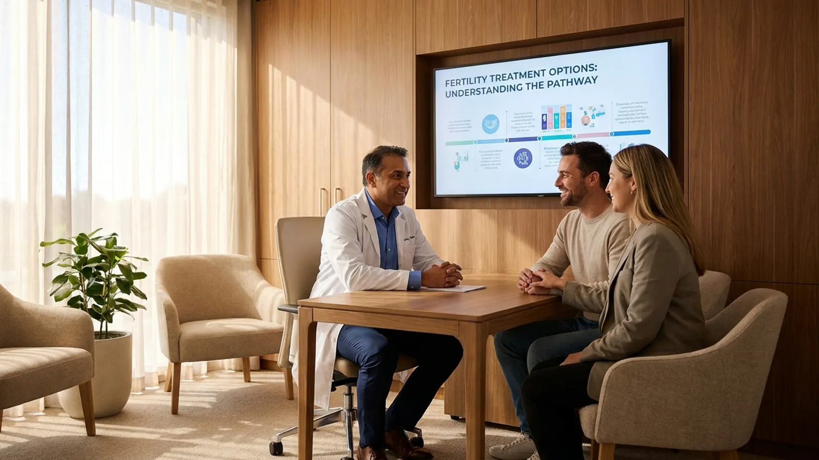 A fertility specialist discussing diagnostic results and treatment options with an optimistic couple in a modern private clinic.