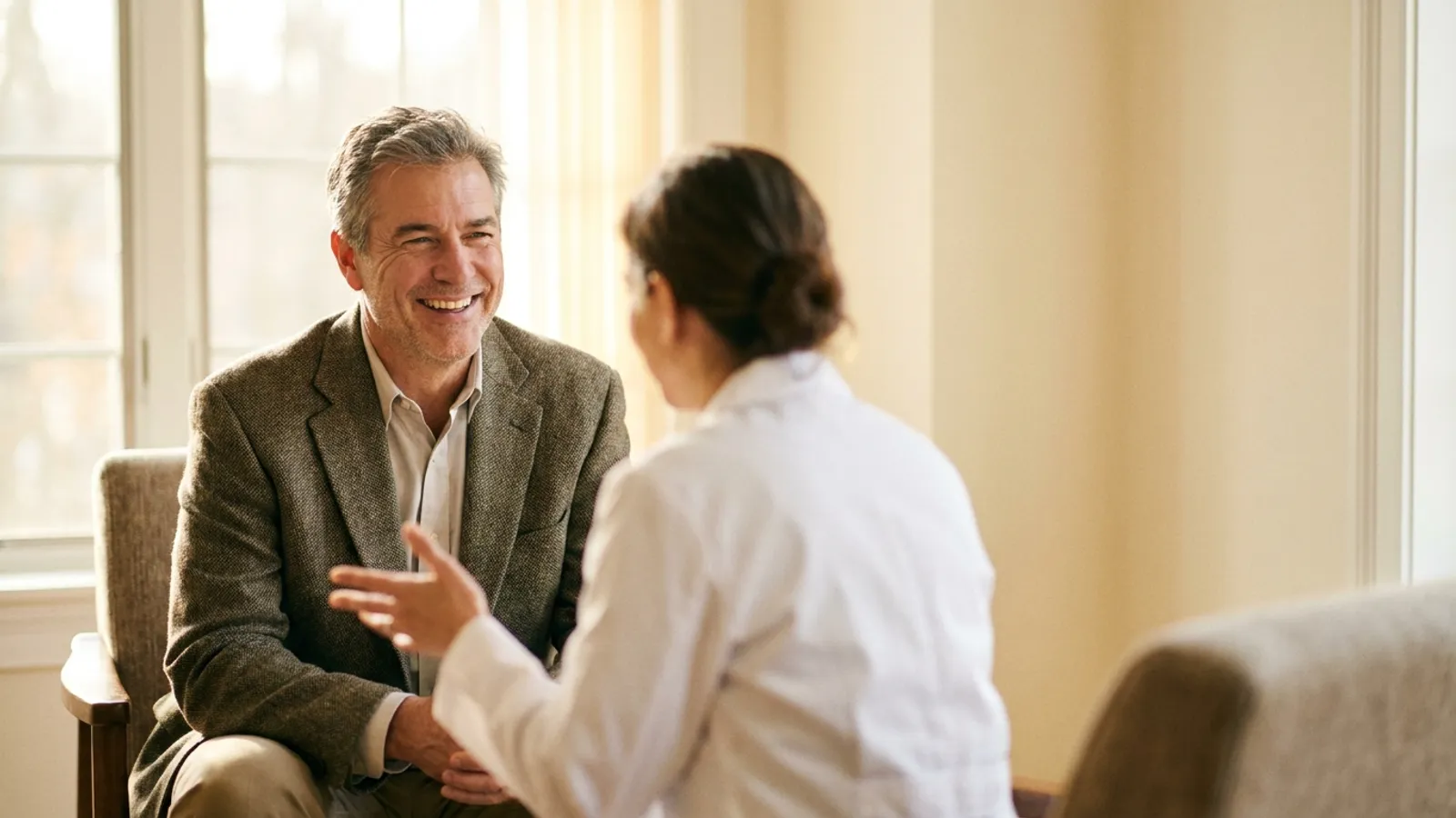 A reassured middle-aged patient smiling during a warm, hopeful consultation with a cardiologist in a bright, modern clinic.