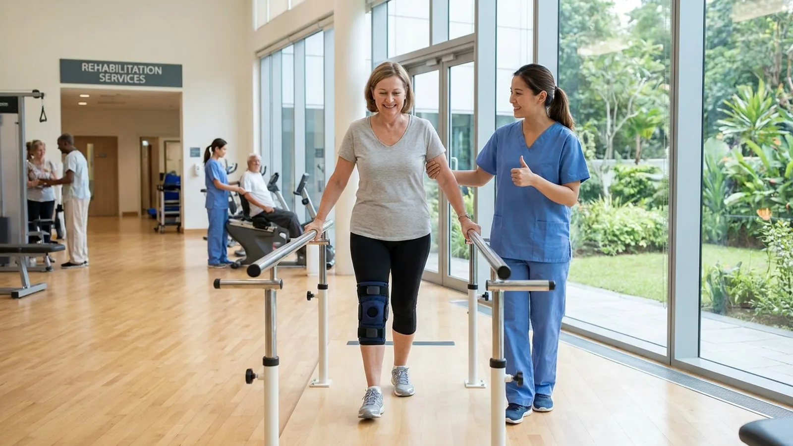 A physical therapist assisting a smiling patient walking confidently in a bright, modern hospital rehabilitation center.