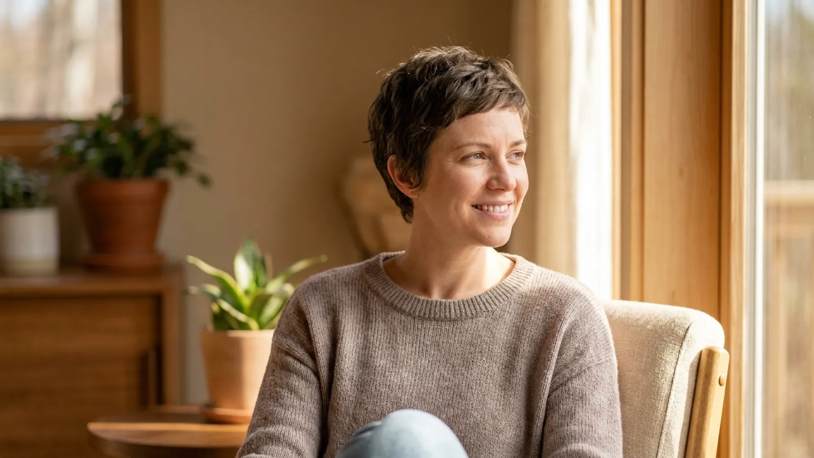 A hopeful and healthy-looking woman with short regrowing hair smiling warmly by a sunlit window, representing recovery and renewal after a successful bone marrow transplant.
